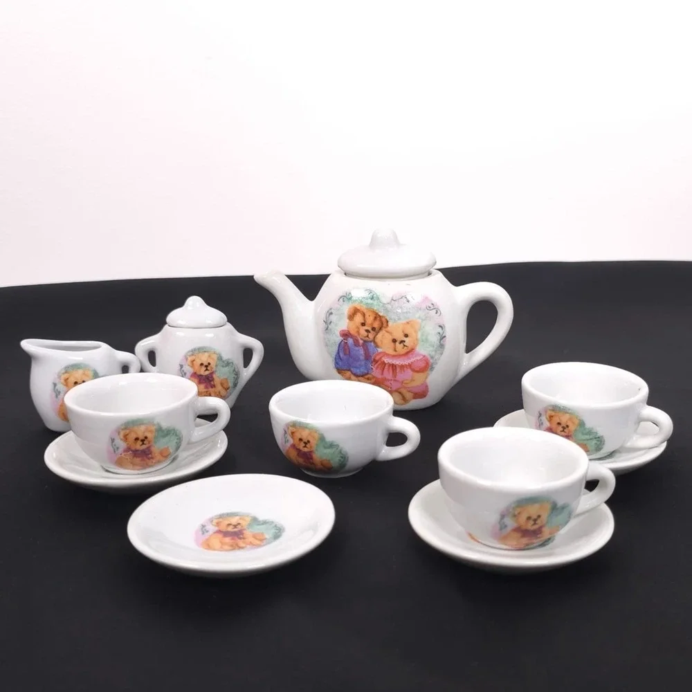 VINTAGE 1991 MINI PORCELAIN TEA SET TEDDY BEARS 12 Pieces‎ Cups Saucers